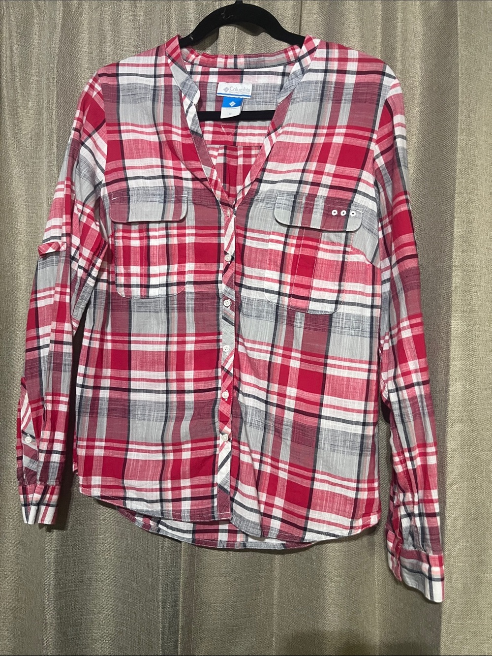 Columbia Pink and Gray Plaid Button-Up Shirt